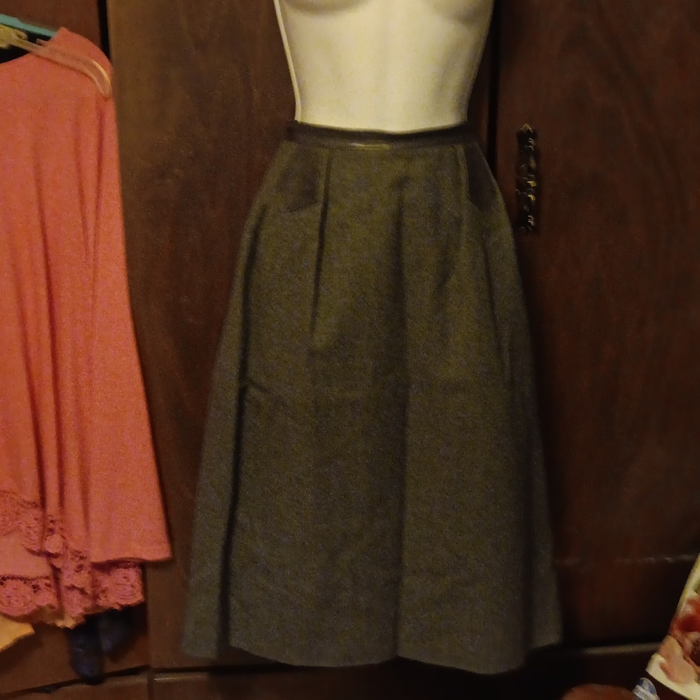VINTAGE HERMES GREY WOOL AND LEATHER TRIM SKIRT 44 / 12